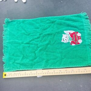 Vintage Meowy Christmas Cat Hand Towel Green Cotton‎ Embroidered Fringe Holiday